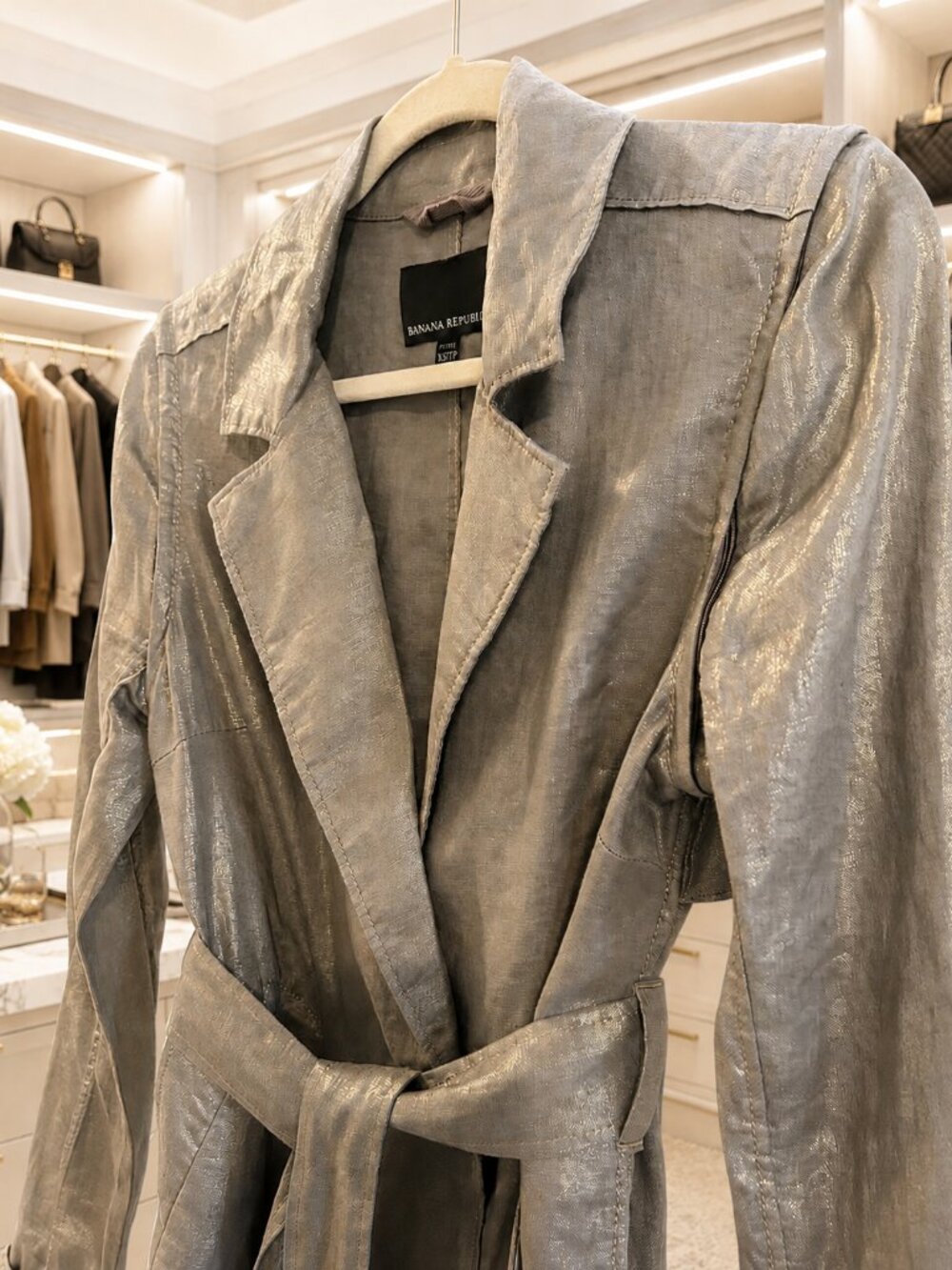Banana Republic Metallic Linen Convertible Trench Coat Vest XS Petite